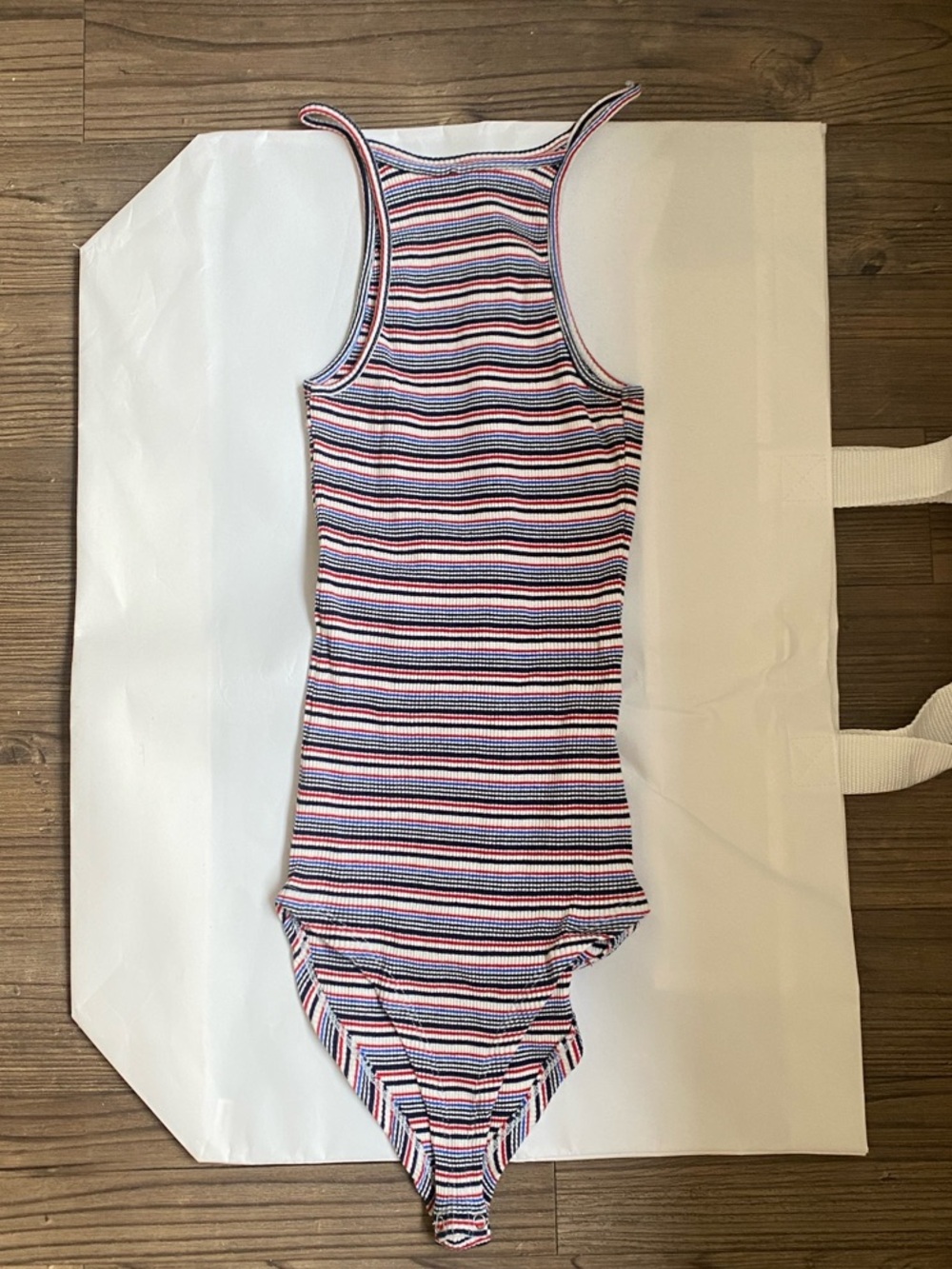 Pull&Bear Striped Ribbed Tank Bodysuit in White, Navy & Pink